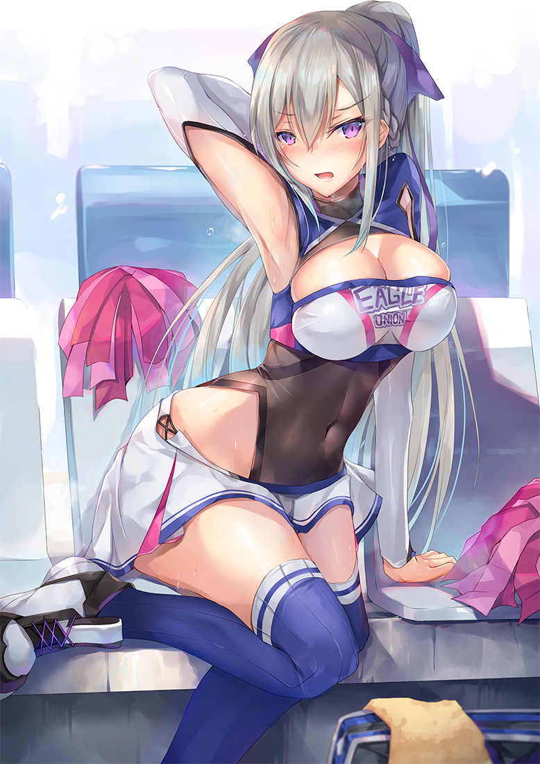 1girl, arm_behind_head, arm_support, armpit_cutout, armpits, azur_lane, bag, black_leotard