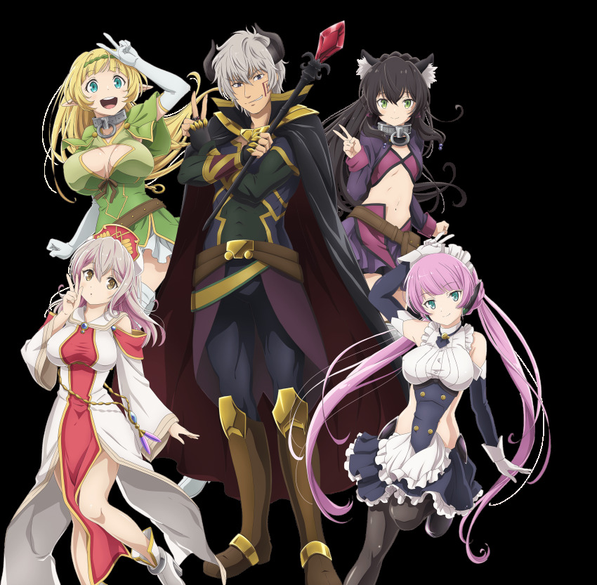 1boy, 4girls, absurdres, animal_ears, boots, breasts, cat_ears, cat_girl