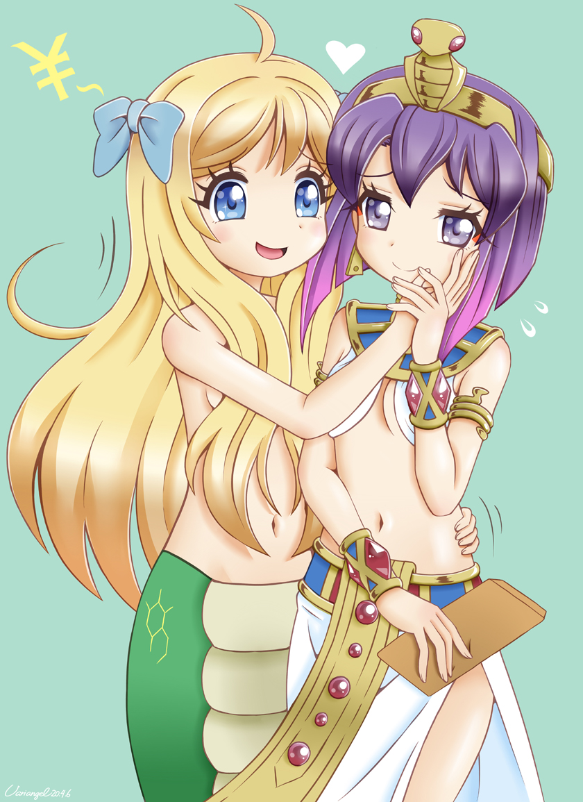 2girls, ahoge, ancient_egyptian_clothes, blonde_hair, blue_eyes, blush, bow, breasts