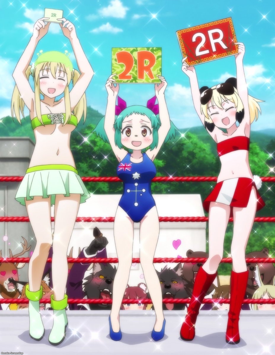 3girls, animal_ears, bare_arms, bare_shoulders, blonde_hair, blush, breasts, cleavage, closed_eyes, eyewear_on_head, hair_between_eyes, highres, koala_ears, komori_yukari, large_breasts, leotard, looking_at_viewer, mei-mei_(murenase!_shiiton_gakuen), midriff, moss, multicolored_hair, multiple_girls, murenase!_shiiton_gakuen, navel, open_mouth, panda_ears, panda_girl, panda_tail, ponytail, round_girl, shishio_miyubi, skirt, small_breasts, smile, strapless, sunglasses, sunglasses_on_head, tube_top, twintails