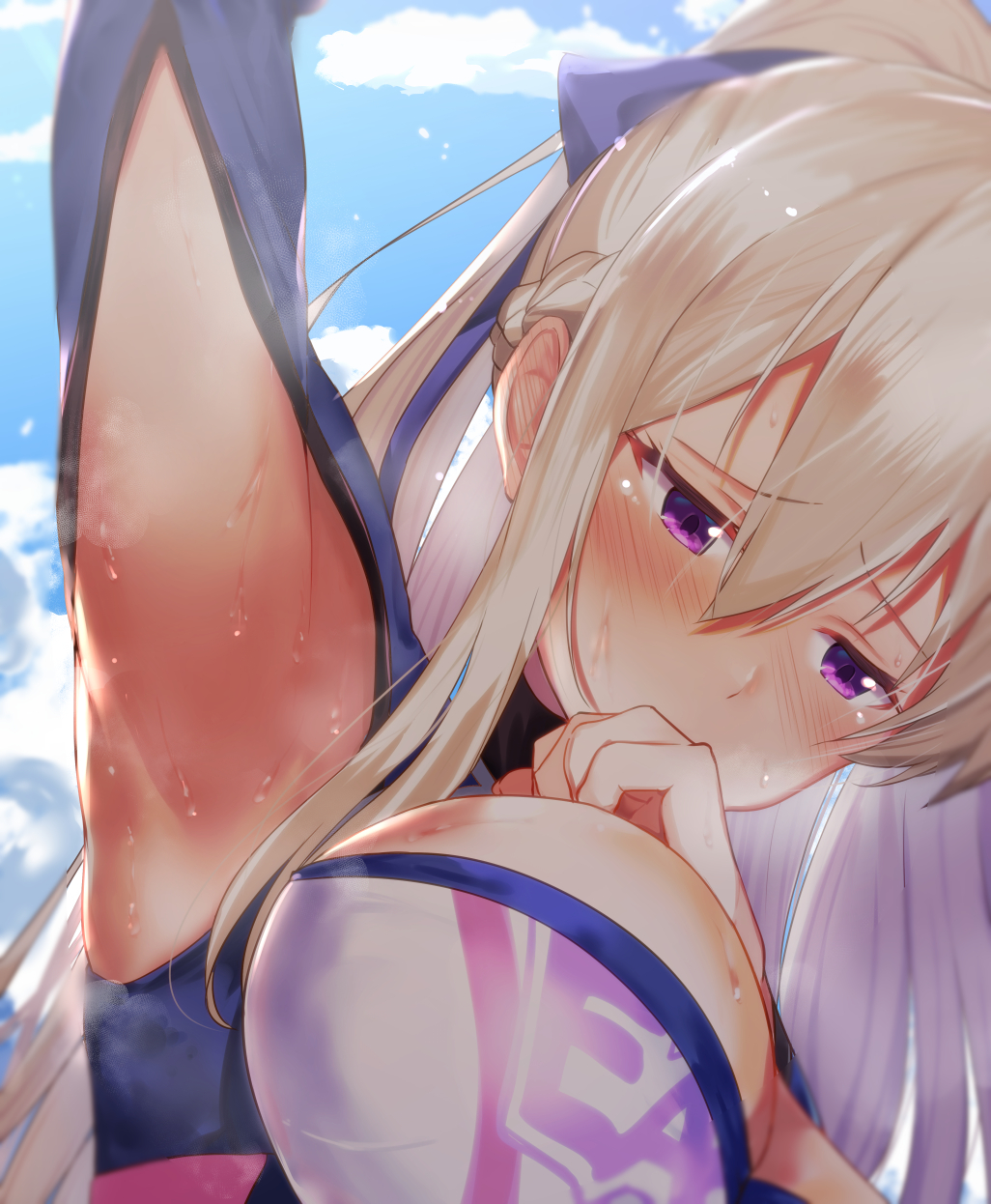 1girl, arito_arayuru, arm_up, armpit_cutout, armpits, azur_lane, blue_sky, breasts