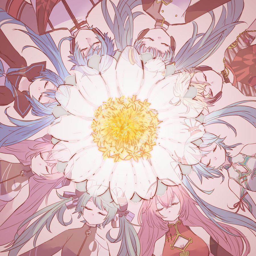 2boys, 6+girls, annotated, bare_shoulders, black_jacket, black_shirt, blonde_hair, blue_hair