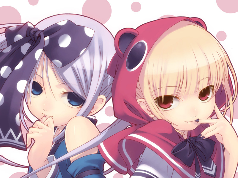 2girls, blonde_hair, detached_sleeves, grey_nails, hair_ribbon, hitokata_no_ou, hood, kuroba_nao