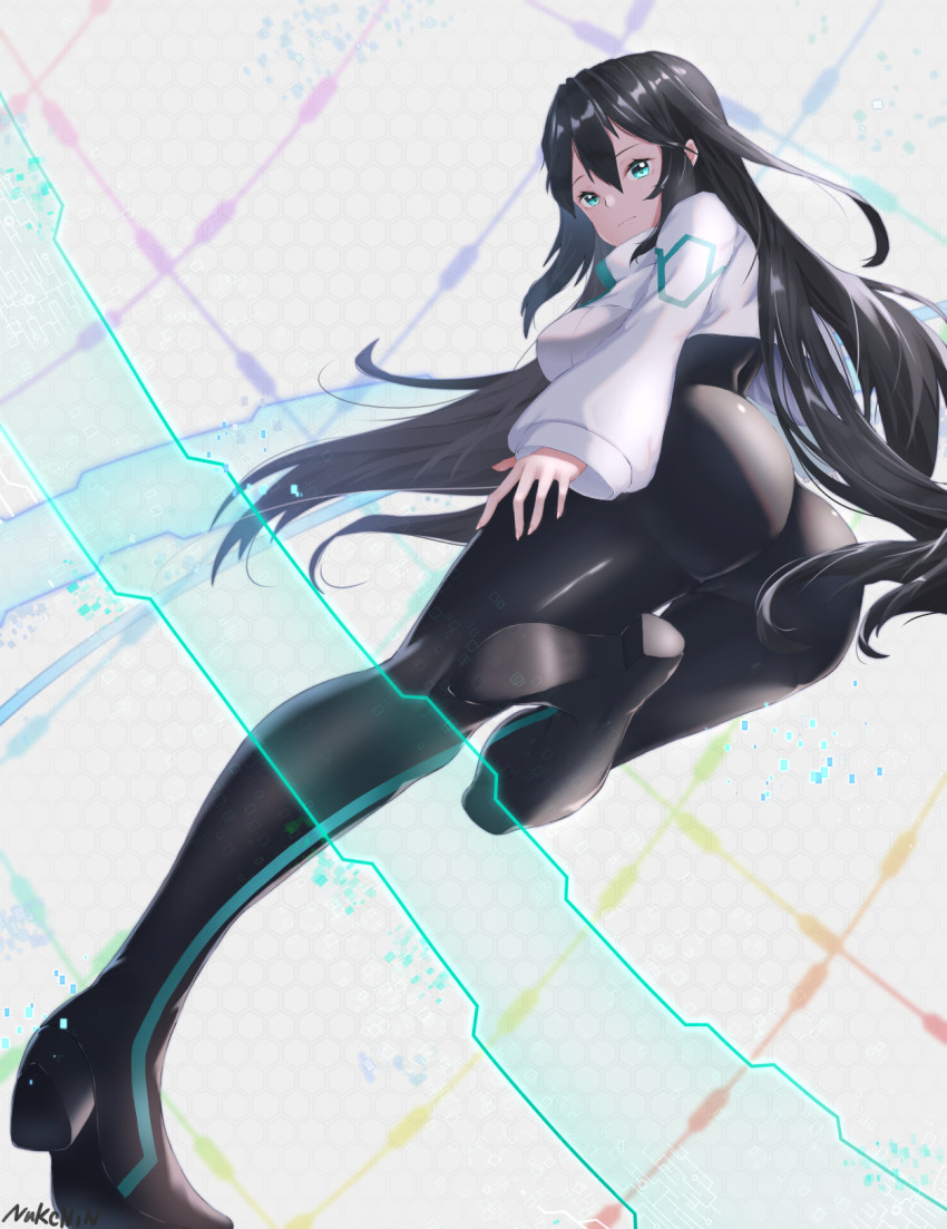 1girl, aqua_eyes, ass, black_bodysuit, black_hair, bodysuit, breasts, female_focus