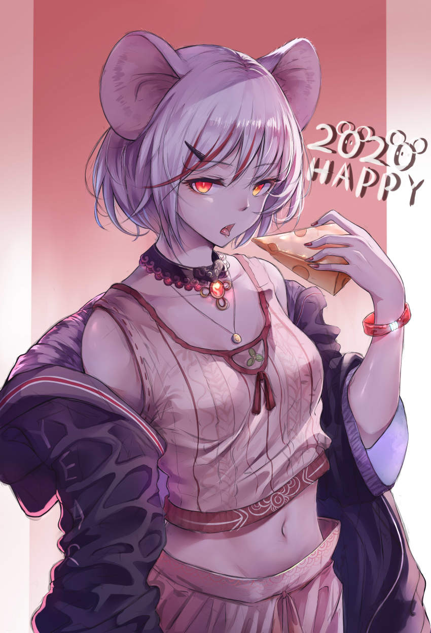 1girl, 2020, absurdres, animal_ears, aran_sweater, black_jacket, bracelet, breasts