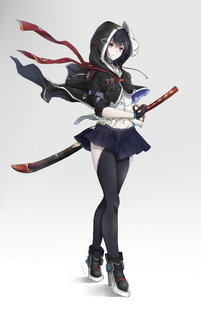 1girl, black_gloves, black_hair, black_jacket, black_thighhighs, blue_skirt, boots, breasts