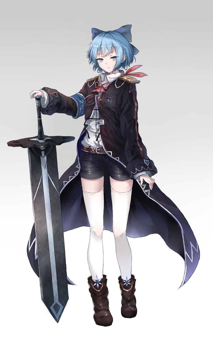 1girl, absurdres, aged_up, alternate_costume, armband, belt, black_coat, black_shorts, blue_eyes, blue_hair, boots, bow, breasts, brown_boots, cirno, coat, collared_shirt, epaulettes, expressionless, female_focus, full_body, greatsword, hair_bow, hand_on_hilt, highres, key_jun, long_sleeves, looking_at_viewer, military, military_uniform, neck_ribbon, red_ribbon, ribbon, shirt, short_hair, short_shorts, shorts, simple_background, sleeves_past_wrists, small_breasts, solo, standing, sword, thighhighs, thighs, touhou, weapon, white_shirt, white_thighhighs, wide_sleeves, wing_collar, zettai_ryouiki