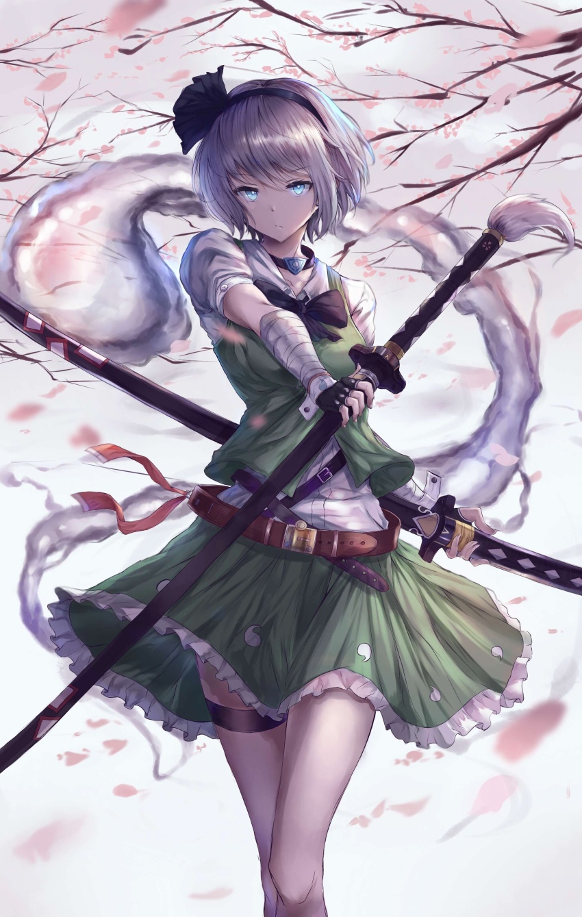 1girl, absurdres, bandaged_arm, bandages, bare_legs, belt, black_bow, black_bowtie