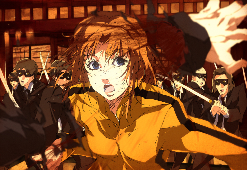 1girl, 6+boys, animification, beatrix_kiddo, blood, blue_eyes, blurry, bruce_lee's_jumpsuit, crazy_88, depth_of_field, highres, katana, kill_bill, kitano_yuusuke, lips, multiple_boys, open_mouth, orange_hair, severed_hand, sword, weapon