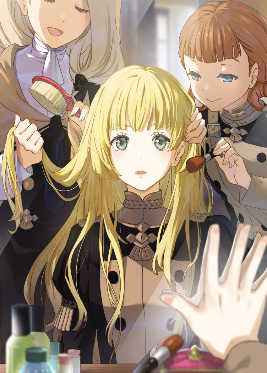 3girls, annette_fantine_dominic, applying_makeup, asao_(vc), blonde_hair, blue_eyes, blurry, bottle, breasts, brushing_another's_hair, brushing_hair, closed_eyes, day, depth_of_field, eyelashes, female_pov, fire_emblem, fire_emblem:_three_houses, garreg_mach_monastery_uniform, green_eyes, hair_brush, hair_ribbon, half-closed_eyes, hand_in_another's_hair, highres, indoors, ingrid_brandl_galatea, lips, long_hair, looking_at_viewer, makeup_brush, medium_hair, mercedes_von_martritz, mirror, multiple_girls, nintendo, open_mouth, orange_hair, outstretched_hand, perfume_bottle, pov, reflection, ribbon, small_breasts, smile, straight_hair, tress_ribbon, upper_body, window