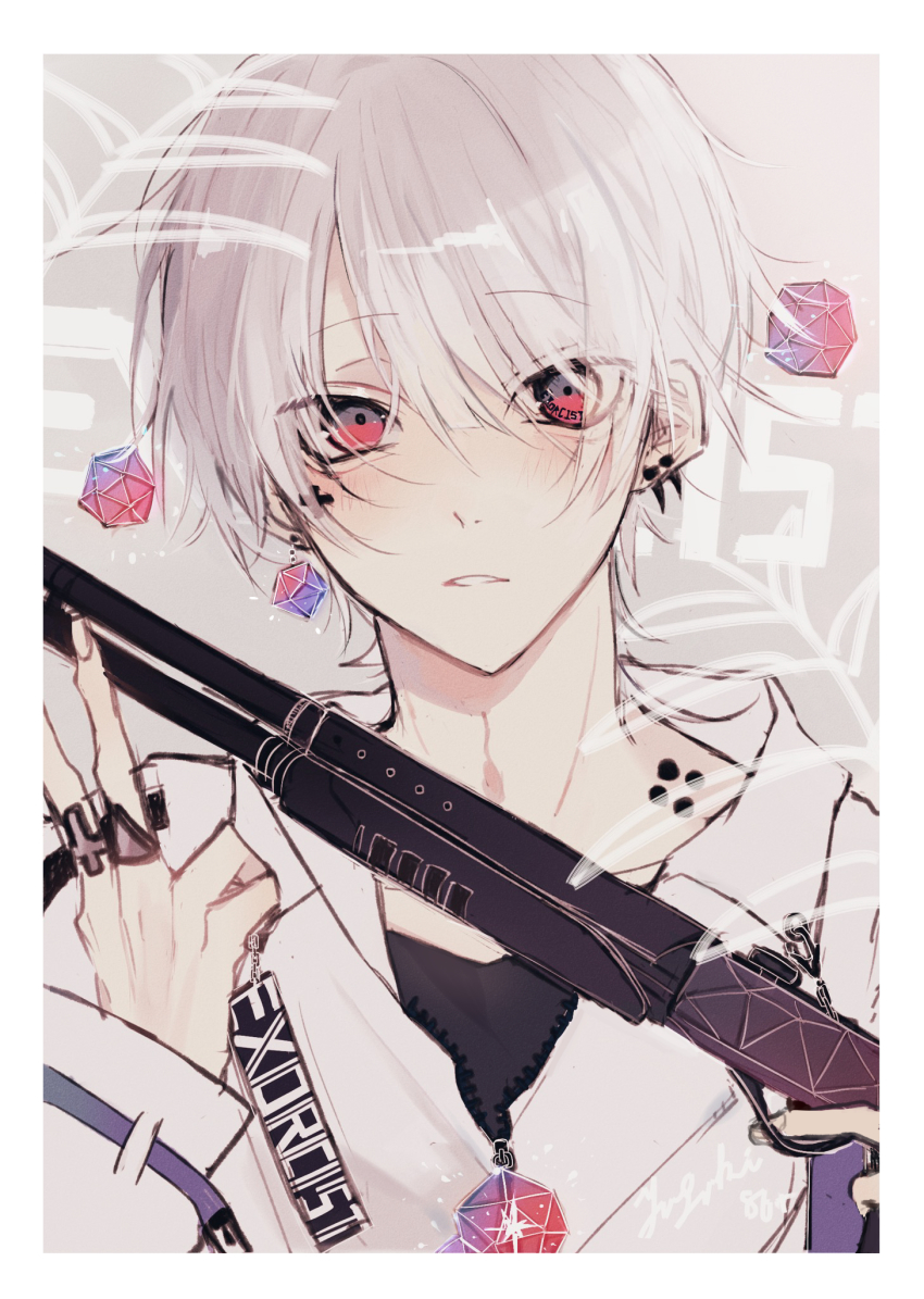 1boy, blush, border, collarbone, earrings, gun, hair_between_eyes, highres