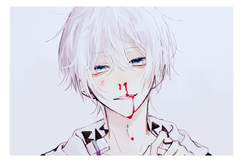 1boy, blood, blood_on_face, blue_eyes, grey_background, grin, hair_between_eyes, highres