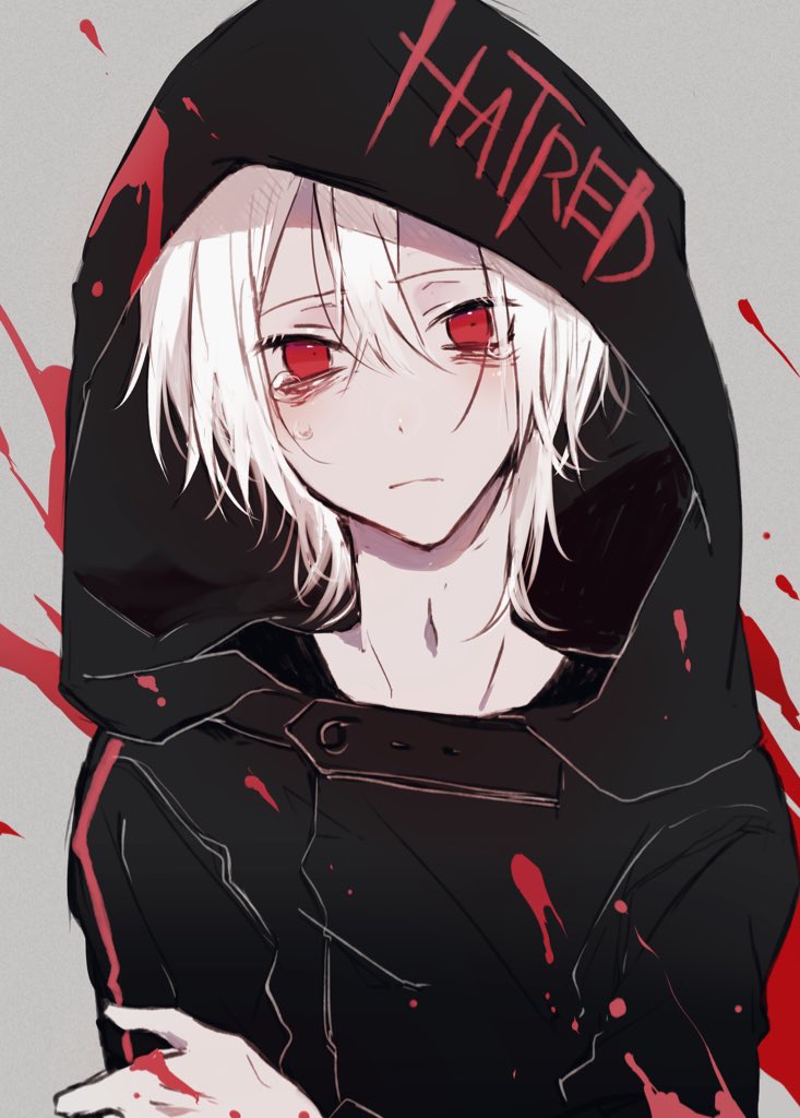 1boy, black_jacket, closed_mouth, clothes_writing, grey_background, hair_between_eyes, hand_on_own_arm, hood