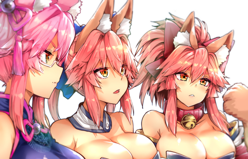 3girls, animal_ear_fluff, animal_ears, animal_hands, bare_shoulders, bell, bikini, blue_bikini
