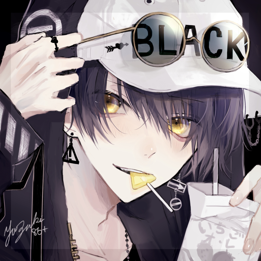 1boy, baseball_cap, black_background, black_hair, black_jacket, candy, earrings, eyewear_on_head
