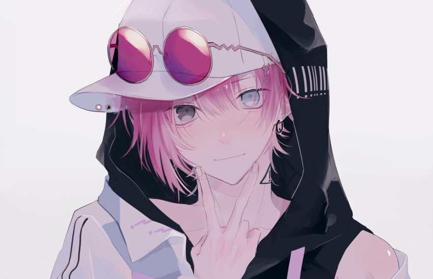 !, 1boy, baseball_cap, black_eyes, closed_mouth, earrings, eyewear_on_head, grey_eyes