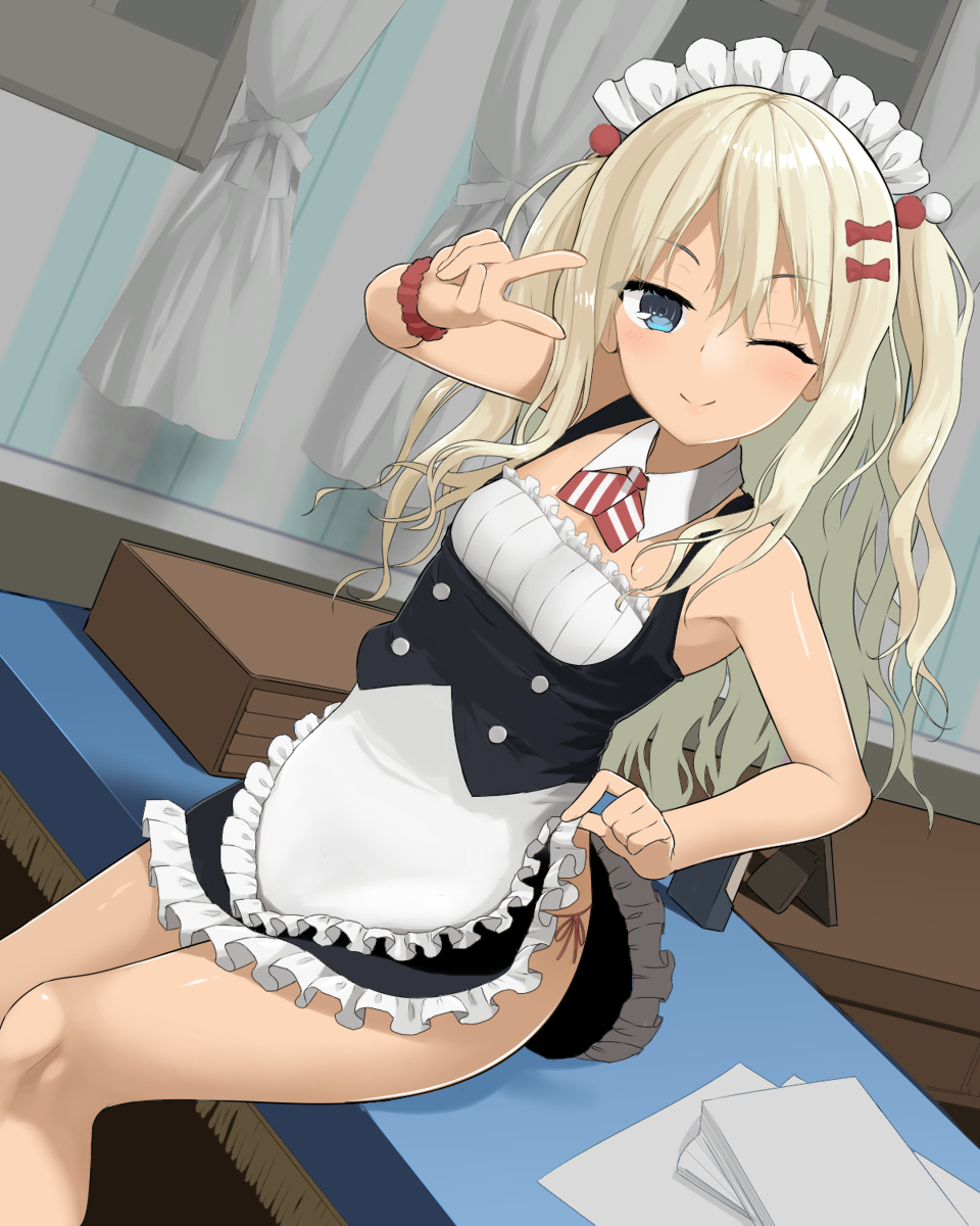1girl, ;), alternate_costume, apron, arm_up, bare_arms, bare_legs, bare_shoulders