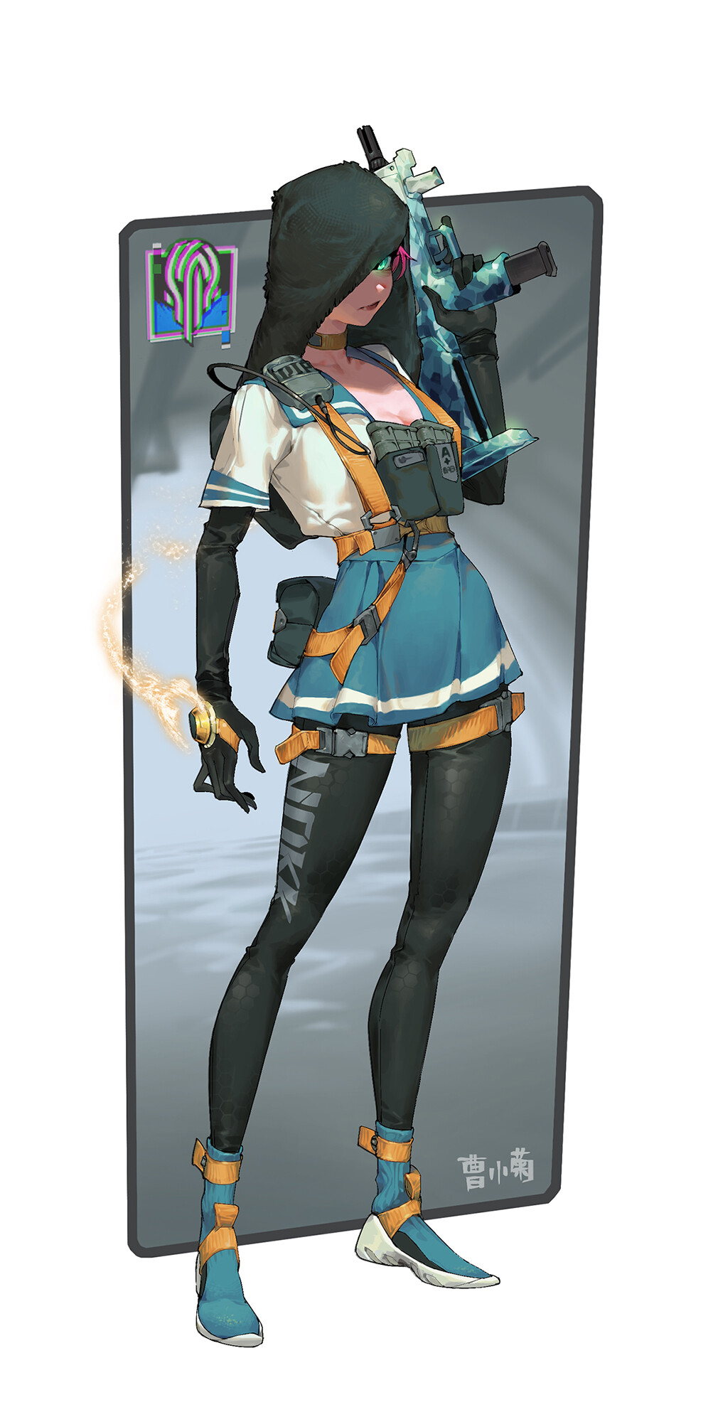 1girl, artist_name, bag, belt, black_gloves, black_pantyhose, blue_shoes, blue_skirt