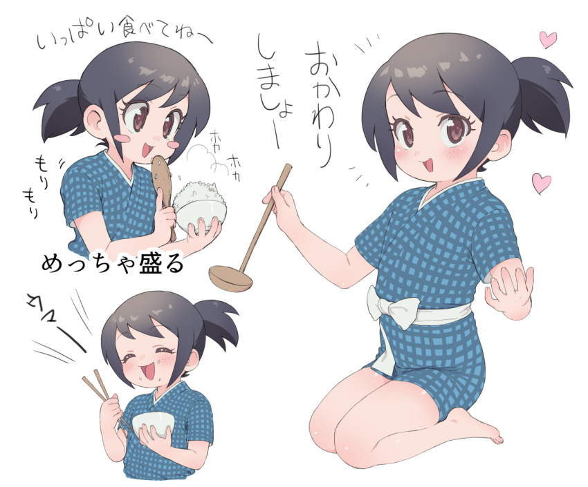 1girl, black_hair, blush_stickers, bowl, child, chopsticks, closed_eyes, female_focus