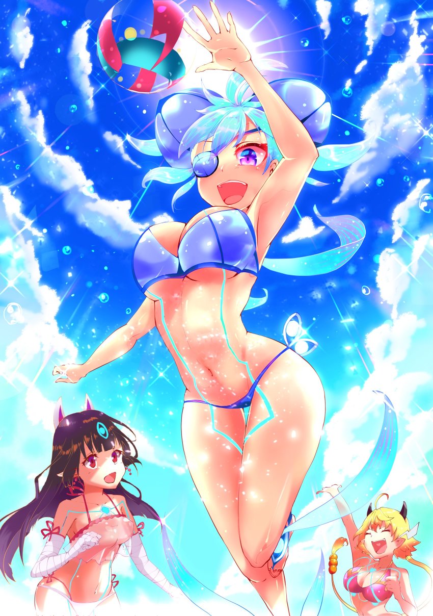 3girls, :d, absurdres, aqua_hair, armpits, ball, beachball, black_hair