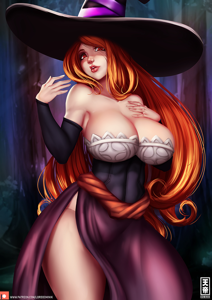1girl, bare_shoulders, breasts, cleavage, detached_sleeves, dragon's_crown, hat, huge_breasts, long_hair, lord_dominik, no_panties, red_hair, sorceress_(dragon's_crown), witch_hat