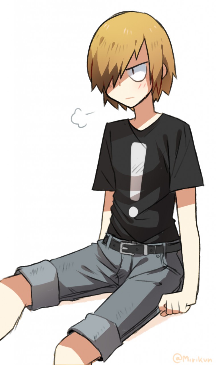 !, 1boy, aoyagi_hajime, artist_name, bad_furaffinity_link, belt, black_shirt, blush
