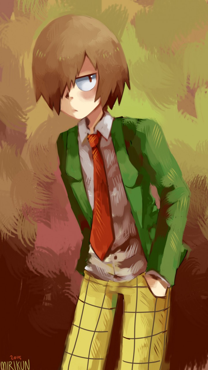 1boy, aoyagi_hajime, artist_name, bad_furaffinity_link, blush, brown_background, brown_eyes, brown_hair