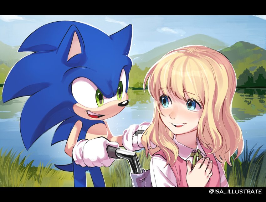 1boy, 1girl, animal_ears, blonde_hair, blue_eyes, blue_fur, derivative_work, furry, furry_male, green_eyes, happy, hedgehog, helen_(sonic_x), highres, isa-415810, lake, letterboxed, long_hair, looking_at_another, nature, open_mouth, screenshot_redraw, shirt, smile, snout, sonic_(series), sonic_the_hedgehog, sonic_x, wheelchair, white_shirt