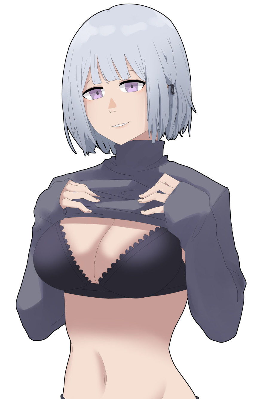 1girl, absurdres, bad_id, bad_pixiv_id, black_bra, bra, breasts, clothes_lift