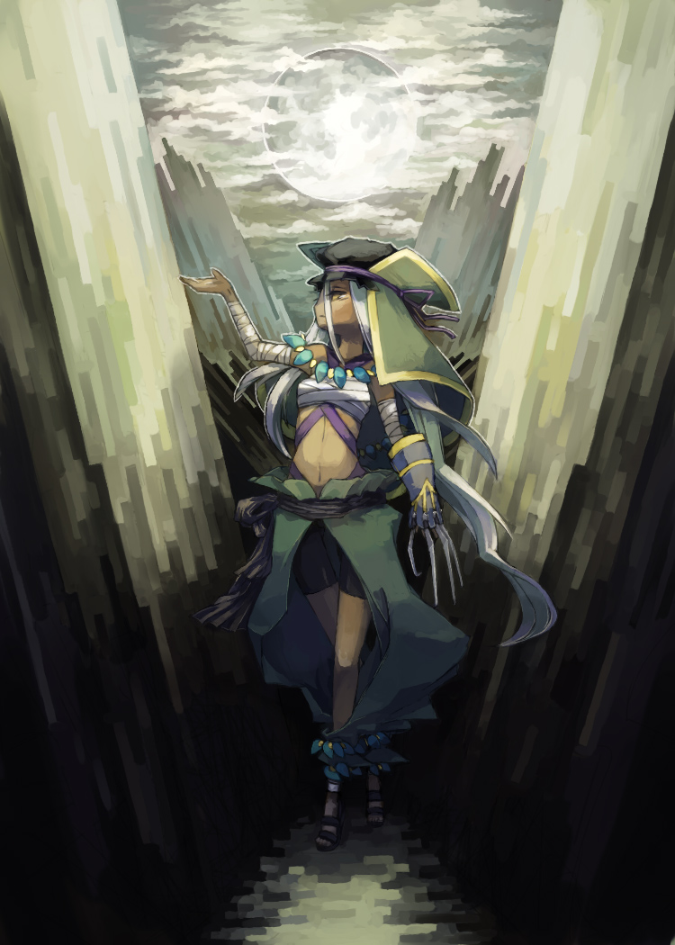 1girl, amareus_(yggdra_union), bad_id, bad_pixiv_id, bandages, claws, cloud, dark-skinned_female