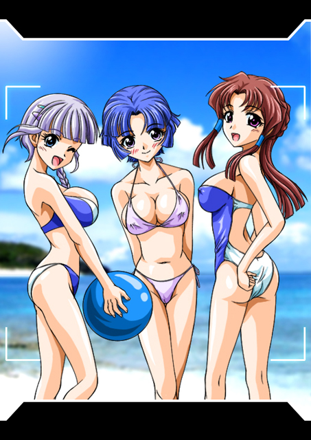 3girls, ass, banpresto, bikini, blue_eyes, blue_hair, braid, breasts