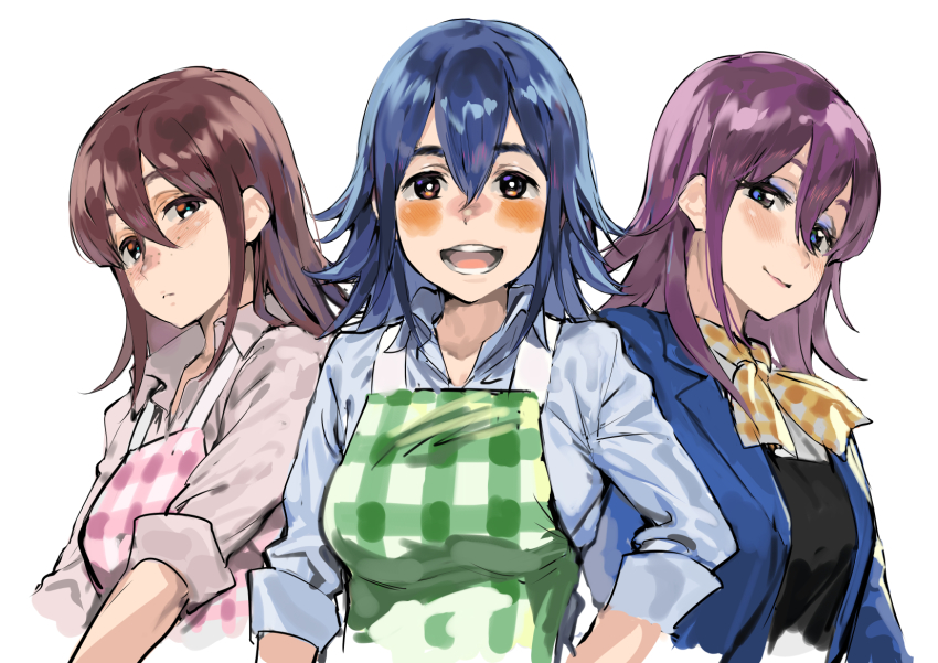 3girls, animal_crossing, apron, bad_id, bad_pixiv_id, blue_eyes, blue_hair, blush, breasts, brown_eyes, brown_hair, closed_mouth, colored_skin, formal_clothes, freckles, highres, humanization, ikuchan_kaoru, label_able_(animal_crossing), long_hair, looking_at_viewer, mabel_able_(animal_crossing), makeup, medium_breasts, multicolored_skin, multiple_girls, nintendo, open_mouth, parted_bangs, personification, purple_hair, ribbon, sable_able_(animal_crossing), shirt, siblings, sisters, smile, suit, thick_eyebrows