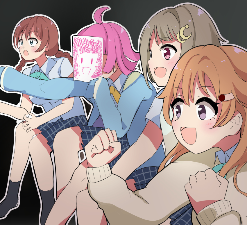 4girls, absurdres, ahoge, black_legwear, blue_shirt, blue_skirt, braid, brown_hair, cardigan, drawing, emma_verde, gaijin_4koma_(meme), green_eyes, hair_ornament, hairclip, highres, jacket, konoe_kanata, love_live!, love_live!_nijigasaki_high_school_idol_club, love_live!_school_idol_festival_all_stars, meme, multiple_girls, nagisa_iori, nakasu_kasumi, nijigasaki_school_uniform, orange_hair, pink_hair, pleated_skirt, red_eyes, sailor_collar, school_uniform, shirt, skirt, tennoji_rina, twin_braids, white_sailor_collar