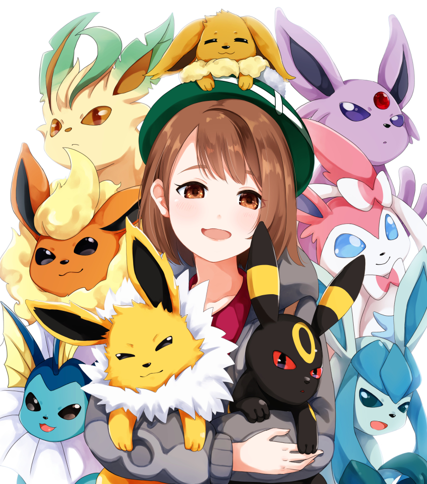 1girl, absurdres, brown_eyes, brown_hair, cardigan, commentary_request, eevee, espeon