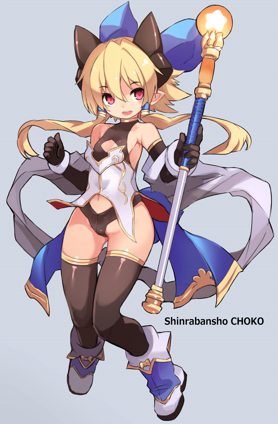 1girl, bare_shoulders, black_bow, black_gloves, black_leotard, black_thighhighs, blonde_hair, blue_ribbon