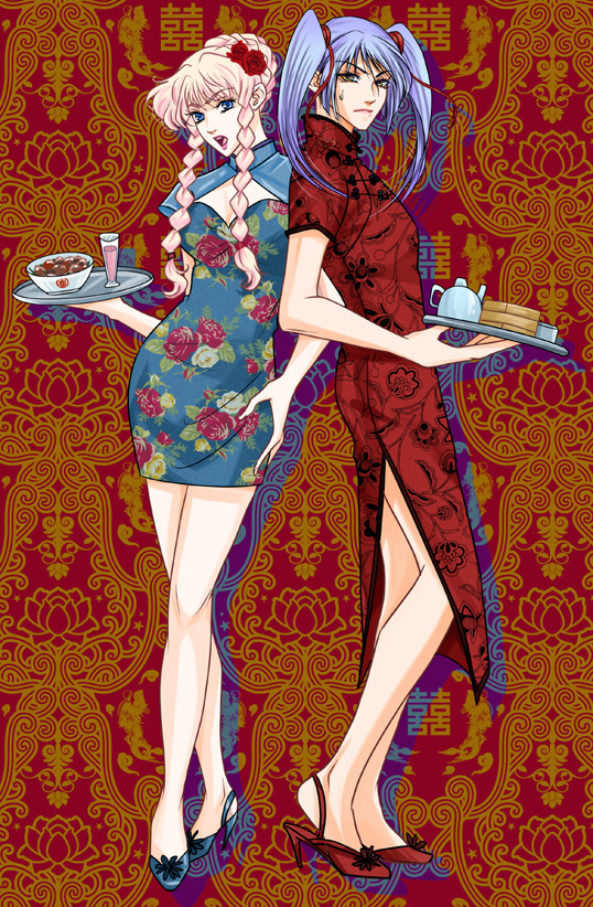 00s, 1boy, 1girl, arusheri, blue_eyes, blue_hair, crossdressing, full_body, legs, macross, macross_frontier, pink_hair, saotome_alto, sheryl_nome, twintails