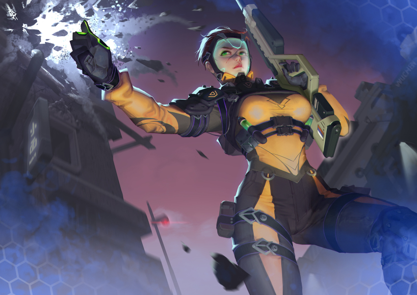 1girl, armor, belt, belt_buckle, black_gloves, bodysuit, breasts, brown_hair