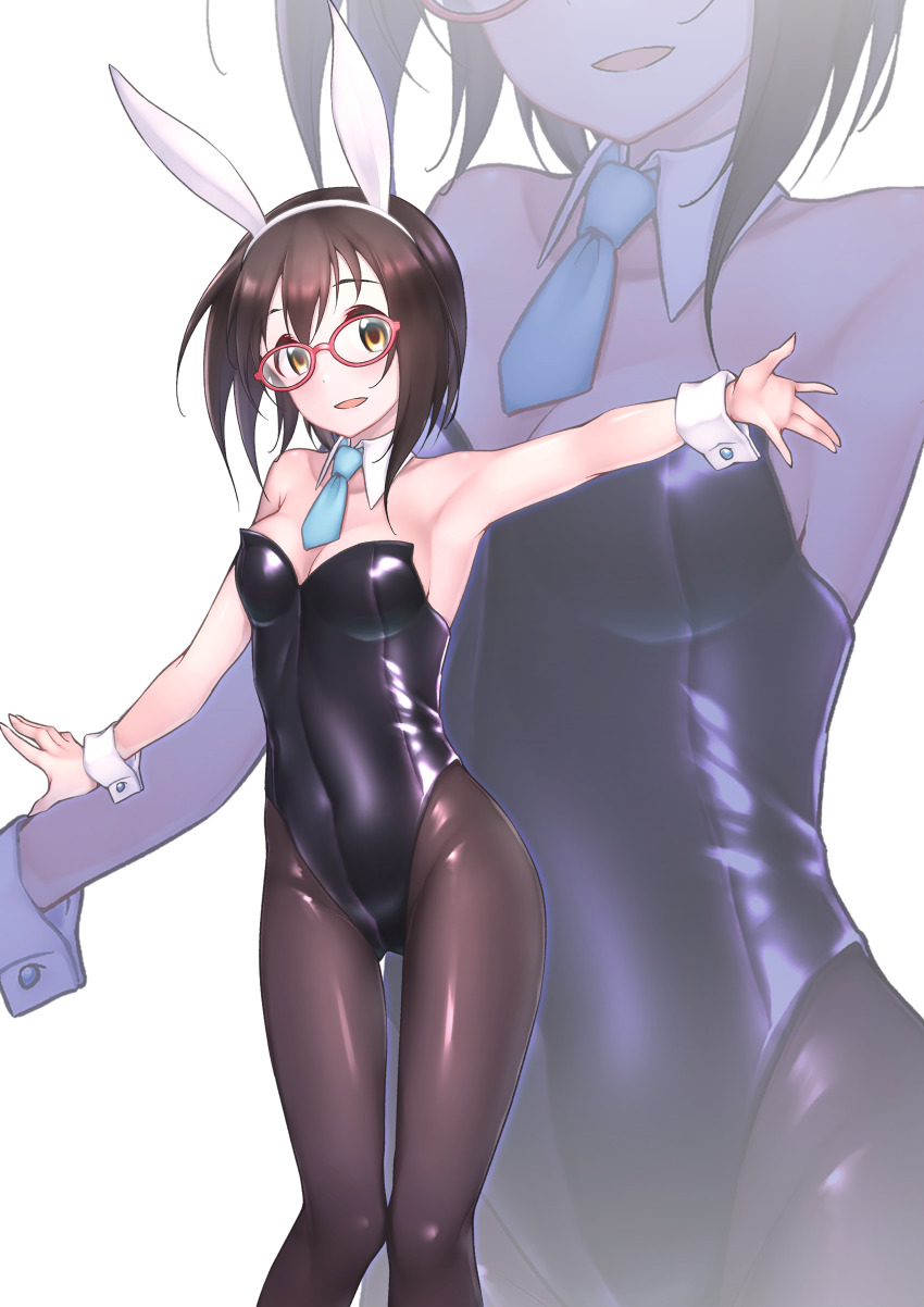1girl, absurdres, animal_ears, armpits, black_hair, black_leotard, black_pantyhose, blue_necktie