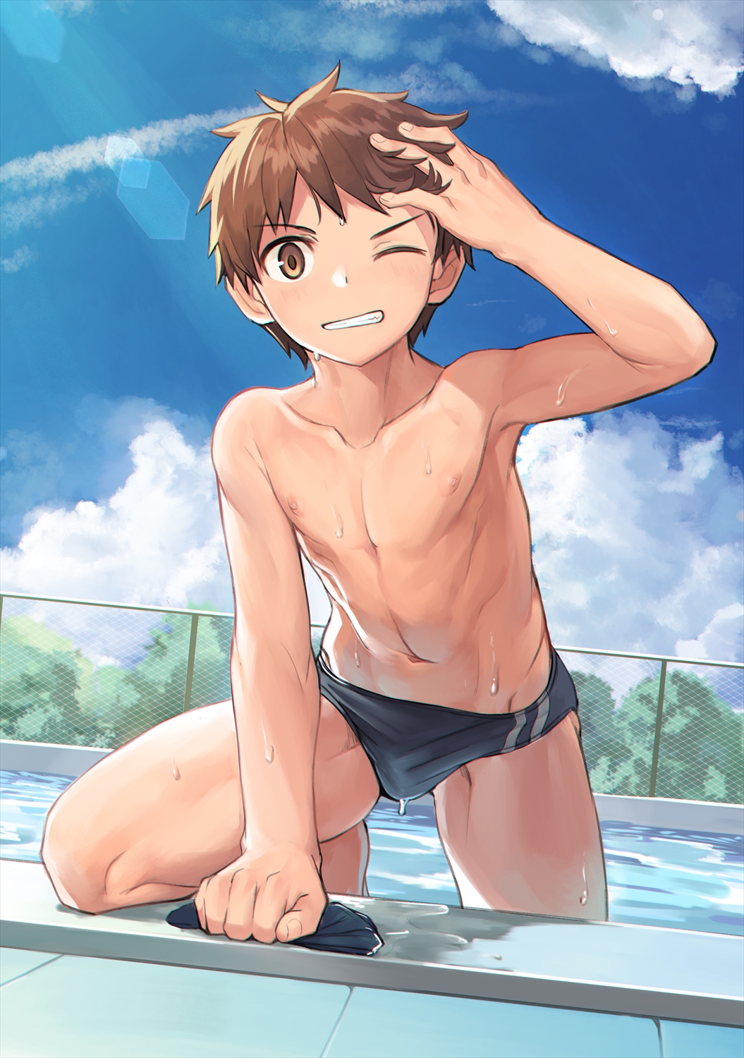 1boy, arm_support, arm_up, bare_pectorals, black_male_swimwear, blue_sky, brown_eyes, brown_hair