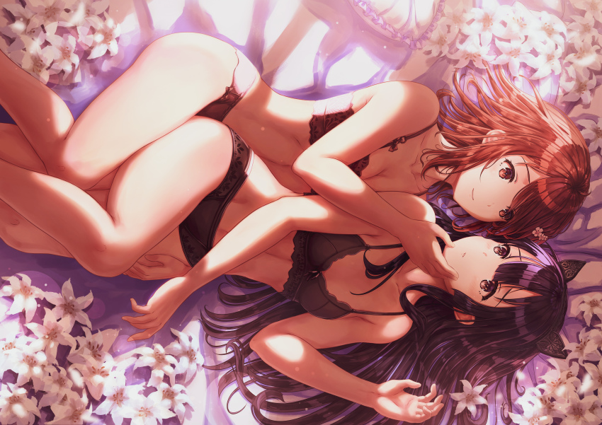 2girls, absurdres, bare_arms, bare_legs, bare_shoulders, bed_sheet, black_bra, black_hair
