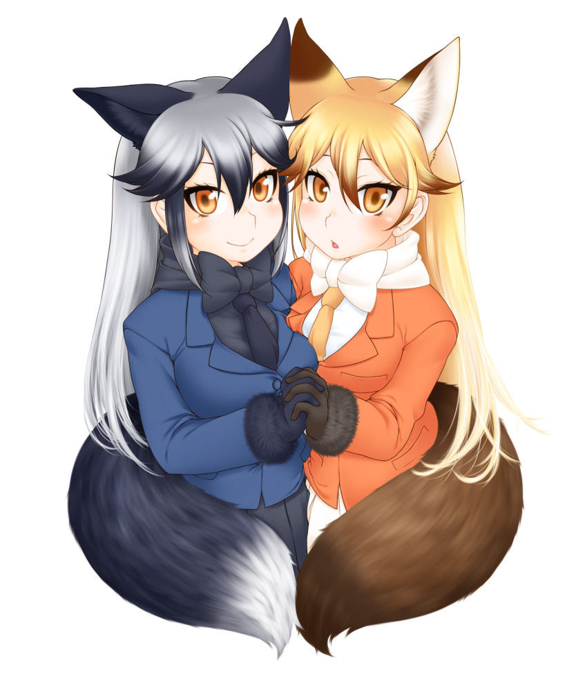 2girls, animal_ear_fluff, animal_ears, black_gloves, black_skirt, blue_jacket, blush, breasts, brown_gloves, commentary, commentary_request, ear-to-ear, extra_ears, ezo_red_fox_(kemono_friends), fox_ears, fox_tail, fur-trimmed_sleeves, fur_trim, gloves, highres, holding_hands, jacket, kemono_friends, long_hair, looking_at_viewer, medium_breasts, morino_(morino03), multiple_girls, open_mouth, orange_jacket, silver_fox_(kemono_friends), simple_background, skirt, tail, white_background