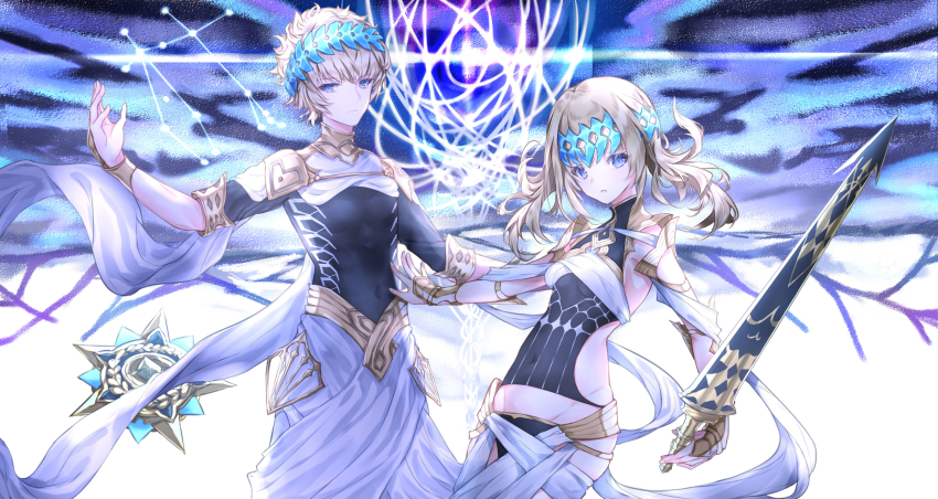 1boy, 1girl, armlet, armor, black_shirt, blonde_hair, blue_eyes, blue_sky
