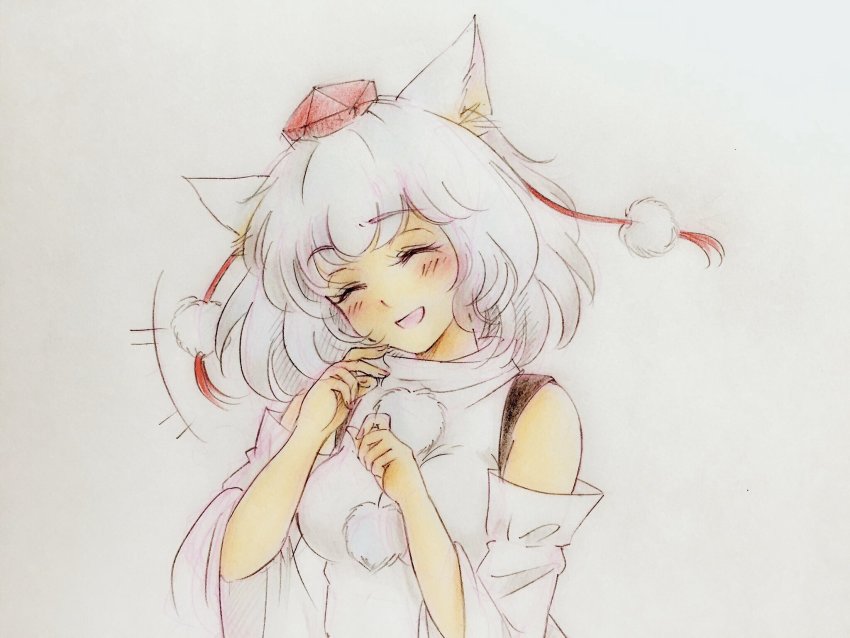 +++, 1girl, animal_ears, closed_eyes, colored_pencil_(medium), commentary, detached_sleeves, facing_viewer