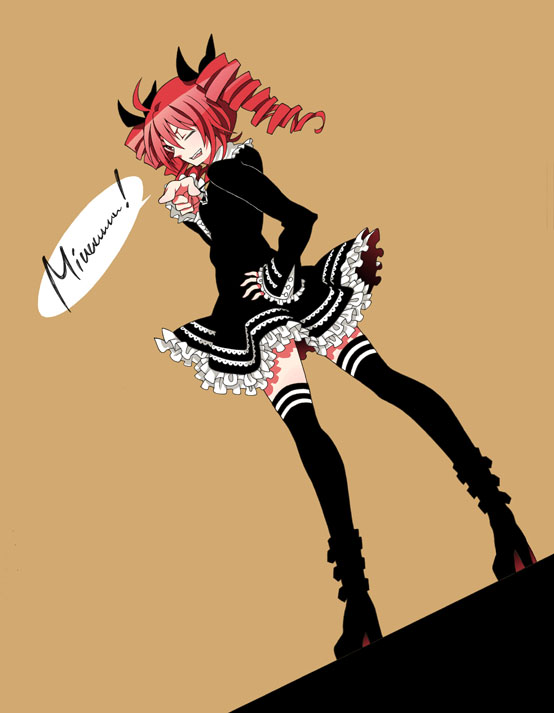 1girl, asaiasa0, black_boots, black_dress, black_ribbon, black_thighhighs, boots, brown_background