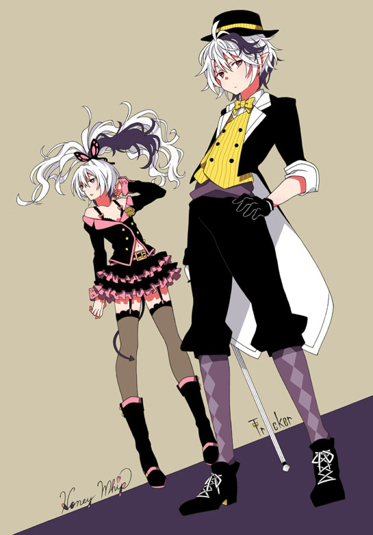 1girl, 2girls, argyle, asaiasa0, black_gloves, black_headwear, black_jacket, black_pants