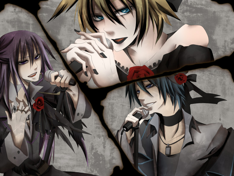 3boys, androgynous, bare_shoulders, black_dress, black_lips, blonde_hair, blue_eyes, blue_hair, dress, elbow_gloves, flower, gloves, hair_ribbon, hat, imitation_black_(vocaloid), jewelry, kagamine_len, kaito_(vocaloid), kamui_gakupo, lipstick, long_hair, makeup, male_focus, microphone, microphone_stand, mini_hat, mini_top_hat, multiple_boys, nail_polish, purple_hair, ribbon, ring, rose, short_hair, top_hat, towji, trap, vocaloid