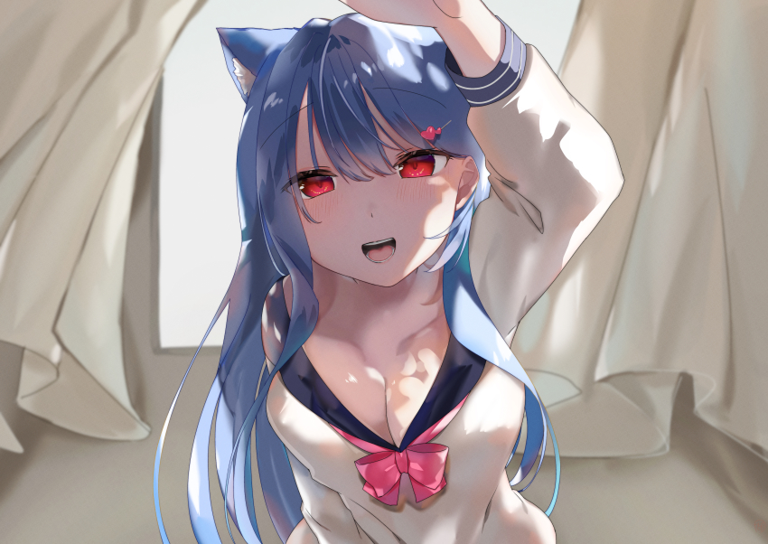 1girl, absurdres, animal_ears, blue_hair, blush, bow, bowtie, breasts