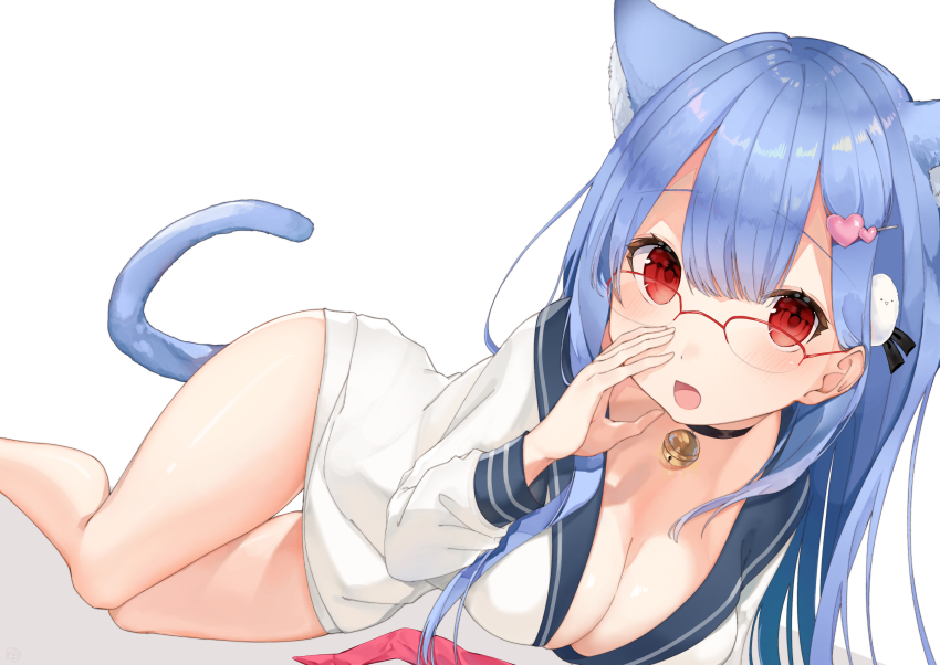 1girl, absurdres, animal_ears, bare_legs, bell, black_choker, blue_hair, blush