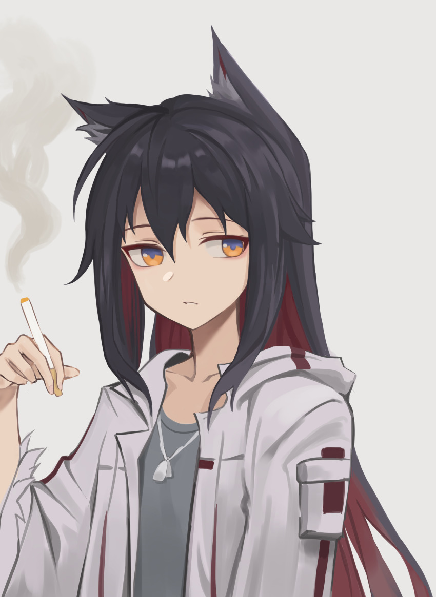 1girl, absurdres, animal_ear_fluff, animal_ears, arknights, black_hair, brown_eyes, cigarette