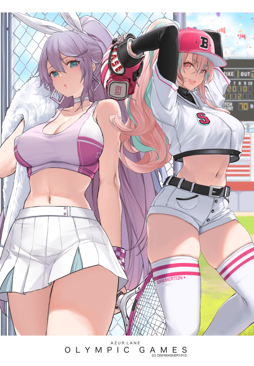 2girls, :d, :o, adapted_costume, aqua_eyes, arms_behind_head, arms_up, azur_lane